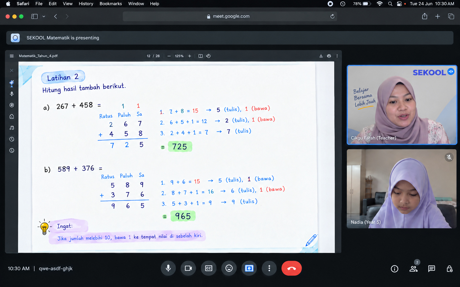 Sesi kelas 1-to-1 SEKOOL secara online antara guru dan pelajar melalui video call